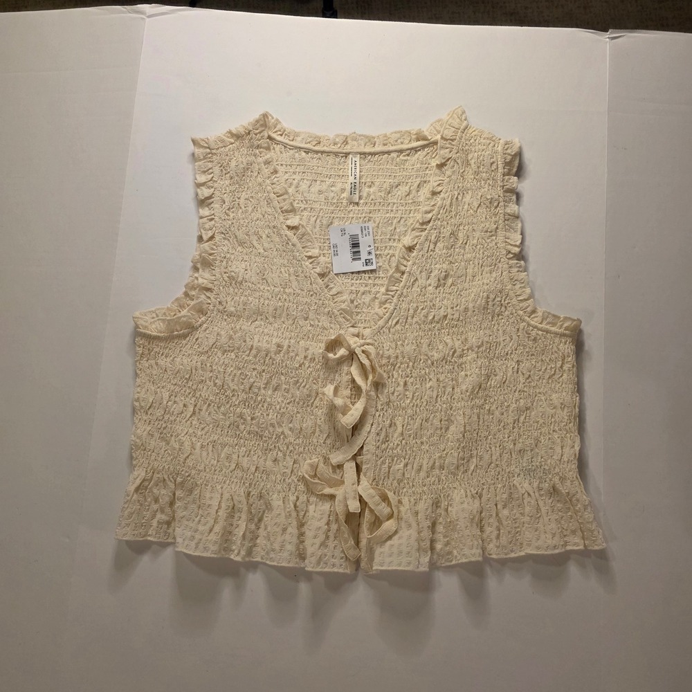 American Eagle Smocked Tie Front‎ Vest Cream Ruffle Trim Boho XL New With Tags - Picture 12 of 13